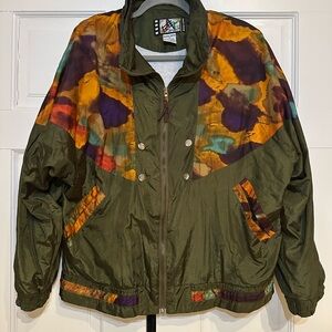 Vintage River Edge Olive Green Windbreaker Jacket w/Jewel Tone Pattern